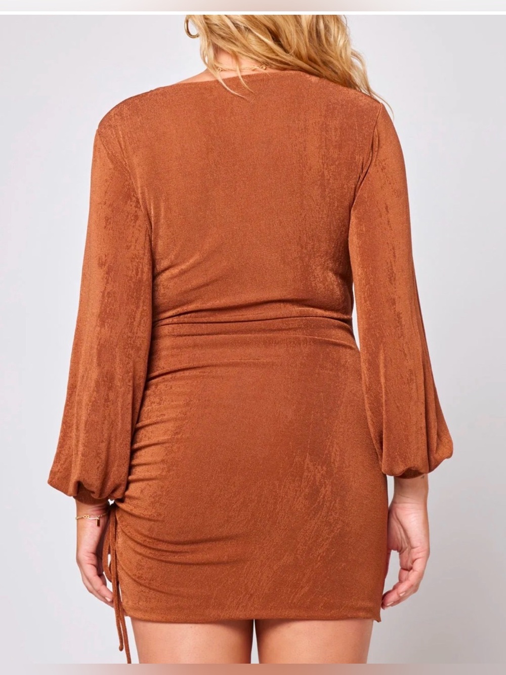 l*space Rust Wrap-Style Long Sleeve Ruched Dress - Picture 8 of 8